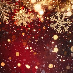 Fototapeta premium Photo of glittering red and gold background with snowflakes and bokeh, creating a magical Christmas mood