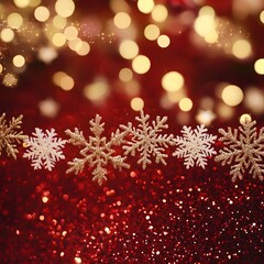 Photo of glittering red and gold background with snowflakes and bokeh, creating a magical Christmas mood