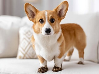 A Corgi standing on a white couch, with muddy paws, looking at the camera, alert and adorable, after playing outside.