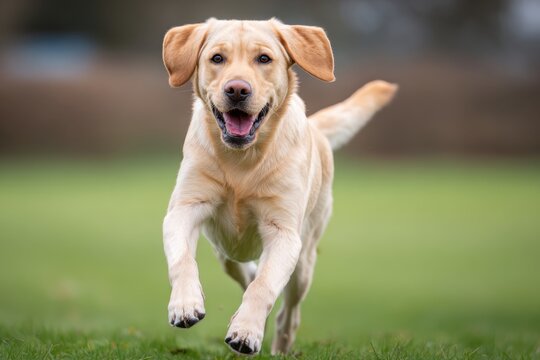 A yellow Labrador Retriever running on grass, ears flapping, tongue out, joyful expression.