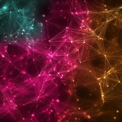 Vibrant abstract digital network consisting of colorful nodes and lines in a dark background