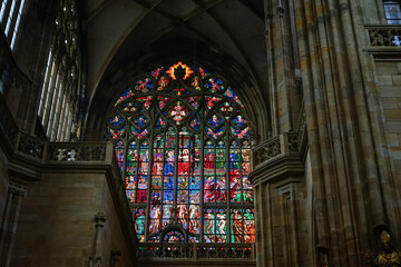 Stained glass window in Prague cathedral, Czech Republic