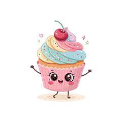 Kawaii Cupcake Joy: A delightful cartoon illustration featuring a whimsical cupcake character with cherry top, embodying sweetness and joy in a vibrant, charming style.