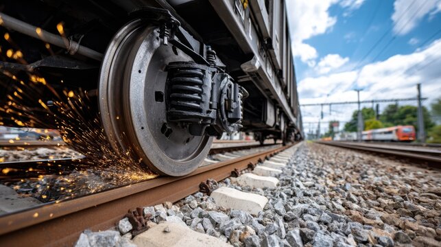 Train wheel creating sparks on the railway, another train passes by in the background.