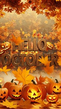 Festive october scene with falling leaves, pumpkins, and halloween vibes