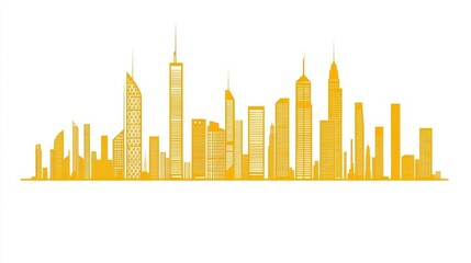 Fototapeta premium A golden stylized skyline with tall buildings on a bright white, stark background