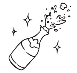 festive bottle of champagne with splashes. vector illustration in doodle style. celebration, new year, wedding	