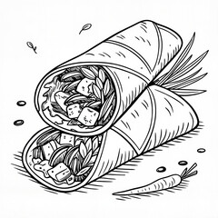 Hand-drawn wrap with lettuce and vegetables in black and white pencil style for healthy eating concepts


