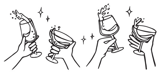 set, hands holding glasses with wine, champagne. party, new year, wedding. vector doodle illustration