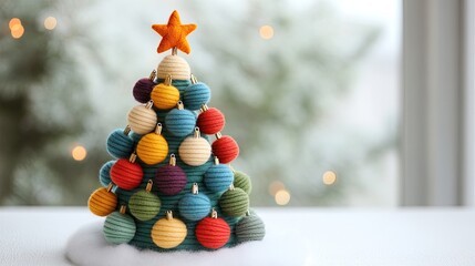 A handcrafted felt Christmas tree with colorful ornaments and a star topper, displayed against a white background.