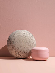 Elegant pink cosmetic containers on a blush backdrop, perfect for beauty product display.