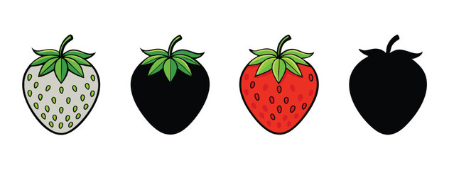Strawberry vector illustration icon set red outline black and silhouette on white background.