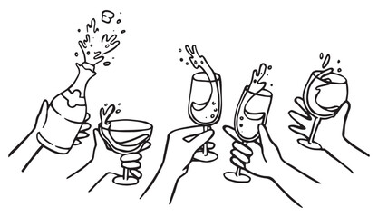 set, hands holding glasses and bottle with champagne. party, new year, wedding. vector doodle illustration