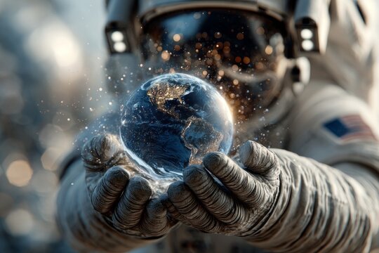 A man in a space suit is holding a globe in his hands - Powered by Adobe