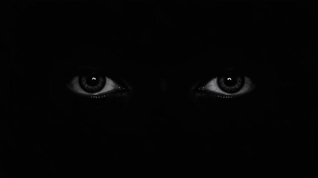 Mysterious eyes peering from darkness in monochrome photograph  