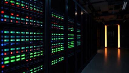 Rows of Servers in a Dark, Modern Data Hall
