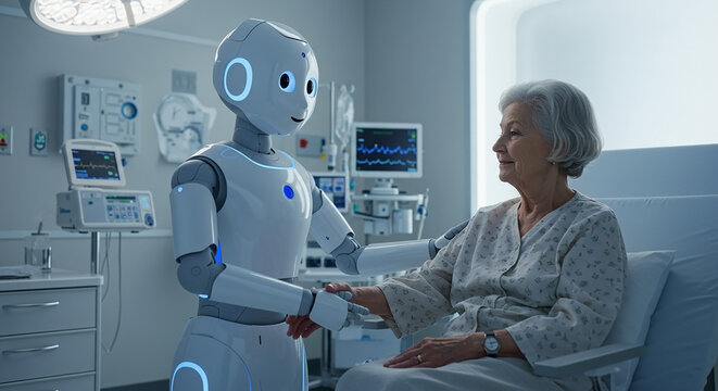 Robotic assistant helping elderly woman in hospital
