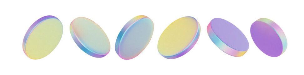 3D hologram coin icons floating with holographic glass effect. Chrome metal badge and crystal sphere shine in neon light. Round currency disc glows with gradient on white background.