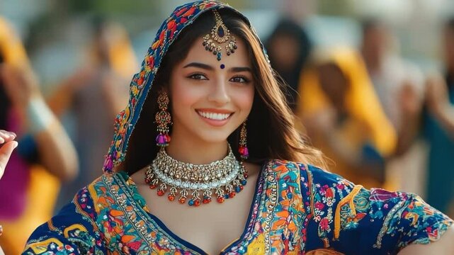 Beautiful young woman smiles gracefully while performing a traditional indian dance in a brightly colored sari during the navaratri festival
