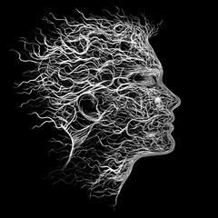 Abstract profile of a woman, with intricate root-like design, evokes inner strength.