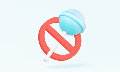 Red forbidden Stop lollipop glassy cute warning food kids sugar sweet flavor not good for health candy treat childhood birthday holiday summer concept. 3d vector illustration. Element cartoon design