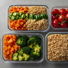 Overhead photo of healthy meal prep containers filled with colorful vegetables and grains, arranged neatly on kitchen countertop.