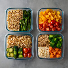 Overhead photo of healthy meal prep containers filled with colorful vegetables and grains, arranged neatly on kitchen countertop.