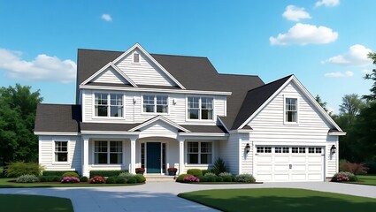 A beautiful, modern farmhouse-style home design rendered in an exterior view.