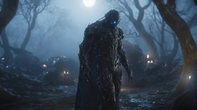 Menacing swamp creature with glowing eyes trudging through dark, misty forest landscape under moonlit night, embodying supernatural horror atmosphere