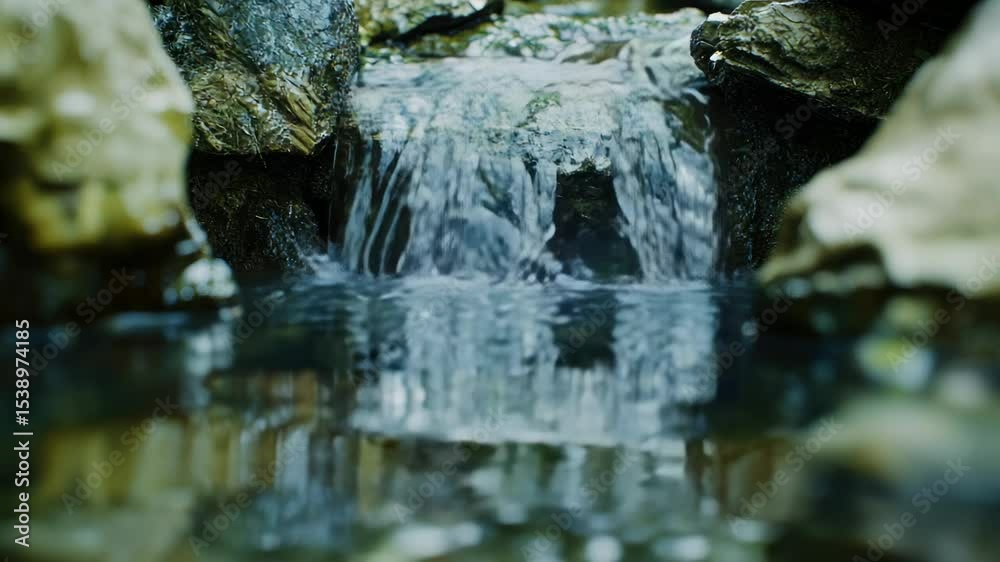 Poster a natural scene with water flowing between two large rocks, great for use in backgrounds or nature-t