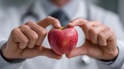 Doctor holding a fresh red apple, symbolizing health and nutrition in a clinical environment