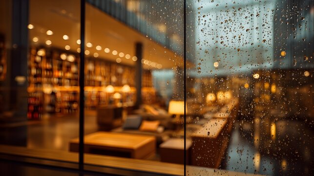 Softly Blurred Modern Library Interior Viewed Through Rainy Glass