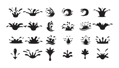 Black Water Splash and Drop Silhouette Vector Set. Liquid Icons and Wave Elements. Victor illustration eps 10