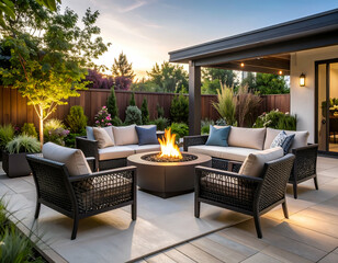 Modern Patio with Fire Pit at Sunset