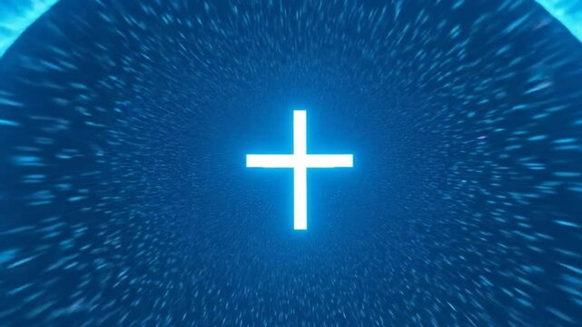 Abstract blue tunnel with plus sign at the center, a futuristic background