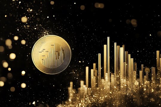 A cartonic gold coin with bar chart imprinted, floating in space 