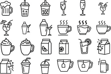Set of 24 outline icons related to drink and beverages. Linear icon collection. Editable stroke. Vector illustration