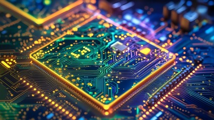 Obraz premium Digital Circuit Board: Illuminating Microchip with Data Flow
