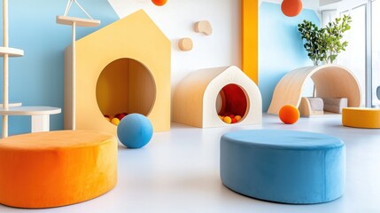This image depicts a cozy and interactive indoor cat playroom featuring a custom-designed adventure wall, providing a stimulating and engaging environment for a cat to explore, climb, and play.