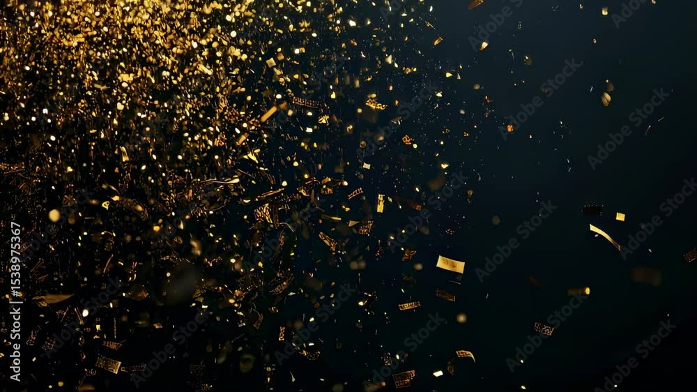 Poster Gold confetti falling in a loop on a black background with glittering festive particles