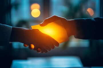 A cartonic handshake replaced by a glowing deal document, symbolizing business agreements 