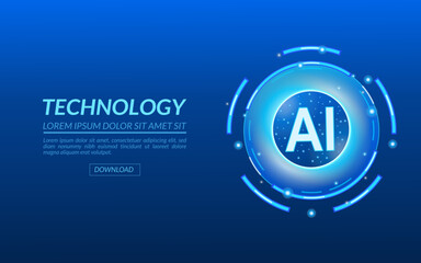 AI dynamic circular logo for digital innovation, showing a vibrant blue circular emblem with the acronym AI at its center with text, surrounded by glowing light effects and placed on an abstract