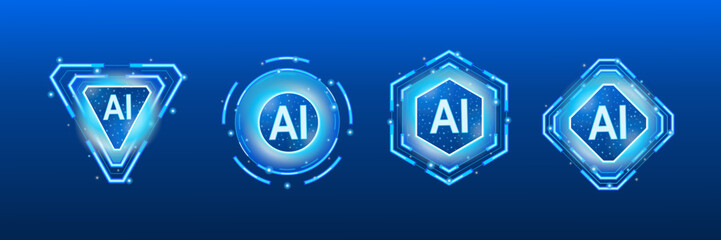 Futuristic AI Logos for Technology, a collection of four distinct geometric designs, including a triangle, circle, hexagon, and rhombus, each featuring the letters AI and glowing blue accents