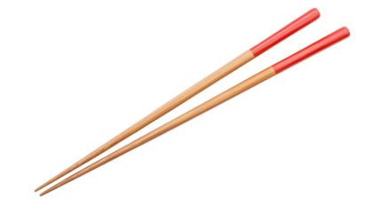Pair of bamboo chopsticks holding salmon nigiri sushi isolated on transparent background 