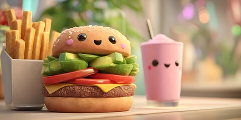 Kawaii Burger and Milkshake Delicious Fast Food Fun