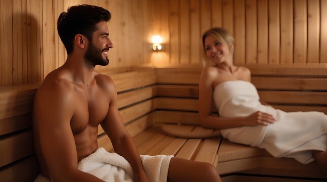 woman and man wearing white towel relax in Finnish sauna | spa,relax,vacation,holiday concept