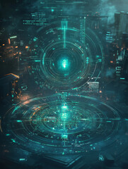 Futuristic UIUX hologram concept showcases intricate digital interfaces with glowing elements, representing advanced technology and data visualization in cybernetic environment