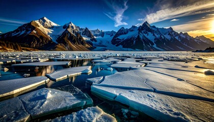 Scenic View of Snow-Capped Mountains with Cracked Ice and Sunset Reflections