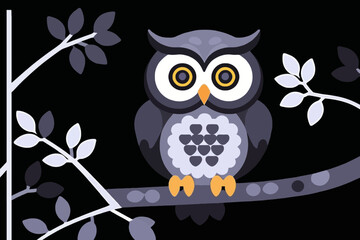 Fototapeta premium Cartoon Owl Illustration- Cute Owl on a Branch- Night Owl Graphic for Kids- Owl Art Print- Whimsical Owl Design- Owl Lover Gift- Owl Vector Art- Owl Decor