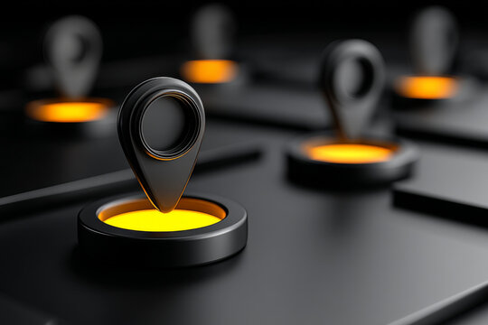 Collection of black and orange location markers on dark surface, symbolizing navigation and mapping. design conveys modern and sleek aesthetic, ideal for technology and travel themes